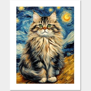 Adorable Siberian Cat Breed Painting in a Van Gogh Starry Night Art Style Posters and Art